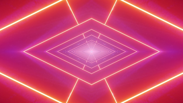 3D-afbeelding abstracte achtergrond met strikte geometrische ruit gemaakt van gloeiende neonlijnen op lichtgevende roze achtergrond