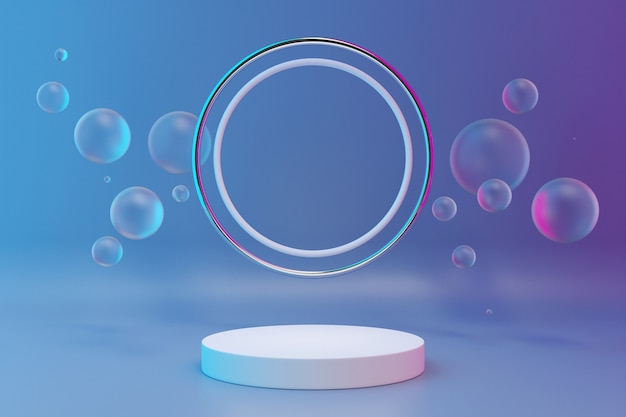 3D-afbeelding abstracte scène met ronde standaard en transparante waterbellen