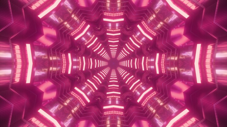 3D-afbeelding achtergrondontwerp van abstracte rode gloeiende tunnel met visuele optische illusie geometrisch caleidoscopisch effect en neonverlichting