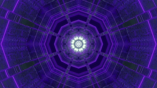 3D-afbeelding optische illusie visuele abstracte achtergrond van veelvlak tunnel met violet neonlichteffect en gloeiende bloemvormige bodem