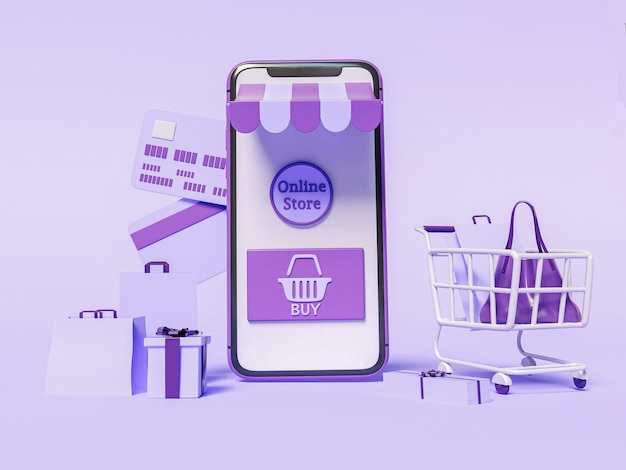 3D-afbeelding. Smartphone met een winkelwagentje, creditcard en tassen. Online winkel en e-commerce concept.