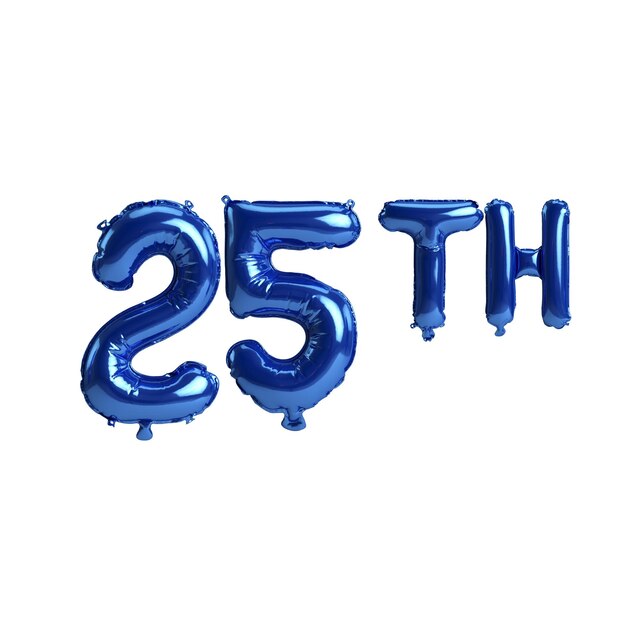 3D-afbeelding van 25e blauwe ballonnen geïsoleerd op een witte achtergrond