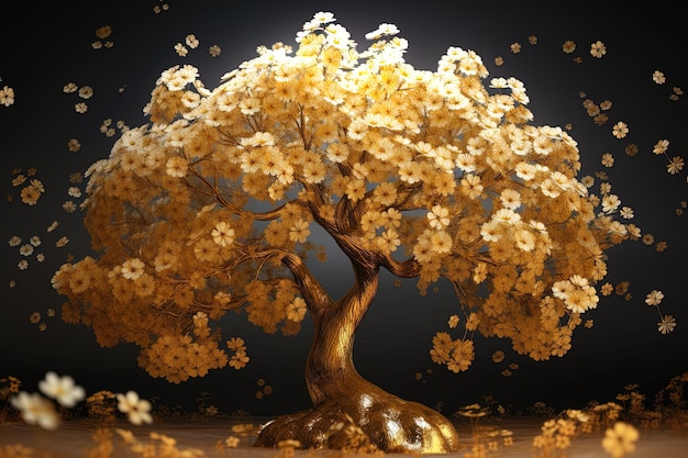 Foto 3d-afbeelding van een gouden boom met witte bloem mooie geldboom