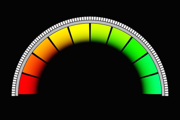 3D-afbeelding van een helder instrumentenpaneel met waarden van normale tot kritische waarden in verschillende kleuren op een zwarte achtergrond