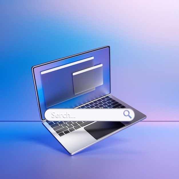 3D-afbeelding van een laptop met een open browsertabblad op het scherm Zoeken op internet met smartphone