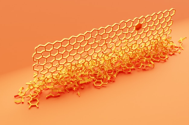 3D-afbeelding van een oranje honingraat monochrome honingraat voor honing. Patroon van eenvoudige geometrische zeshoekige vormen, mozaïek achtergrond. Bijenhoningraatconcept, Bijenkorf