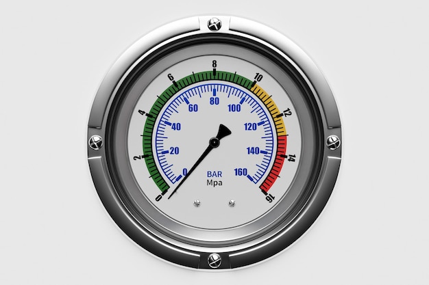 3D-afbeelding van een ronde barometer met markeringen tot 160 op een witte geïsoleerde achtergrond