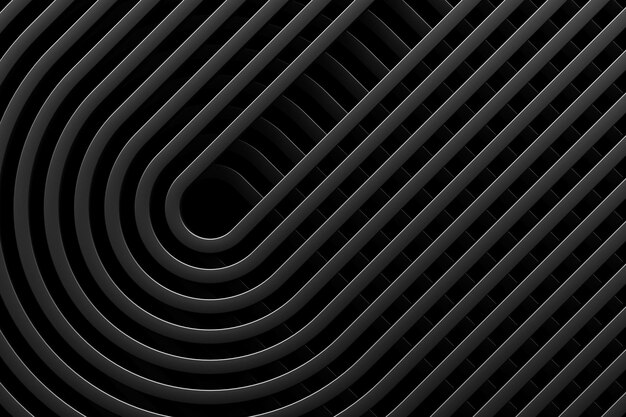 3D-afbeelding van een stereo zwarte ronde strepen. Geometrische strepen vergelijkbaar met golven. Abstract gloeiend patroon van kruisende lijnen