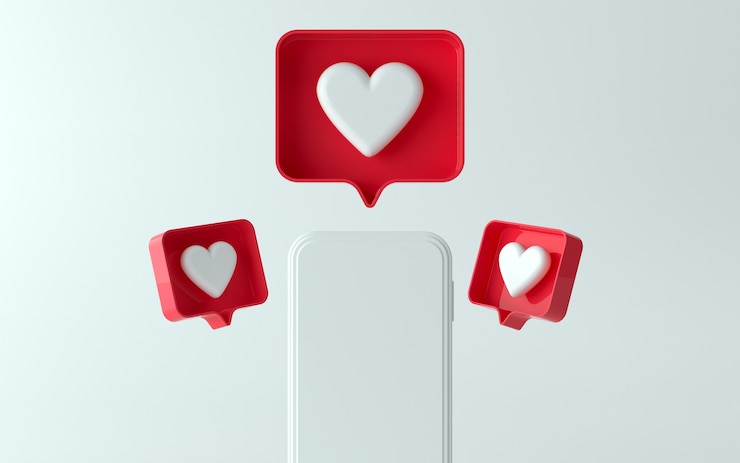 Foto 3d-afbeelding van een telefoon met een vergelijkbaar meldingspictogram aan de boven- en zijkant