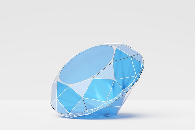 3D-afbeelding van een transparante blauwe diamant op een witte achtergrond Grote facetdiamant