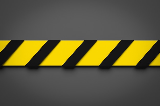 3D-afbeelding van een zwarte en gele streep in het midden op een grijze achtergrond. Waarschuwingstape met gevaarstekens en een oproep om weg te blijven. Afzetlint. Concept van geen vermelding.