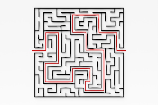 3D-afbeelding van een zwarte vierkante gangpuzzel 3D-labyrint met volumetrische muren Dungeon-ontsnapping of puzzelniveau-ontwerp