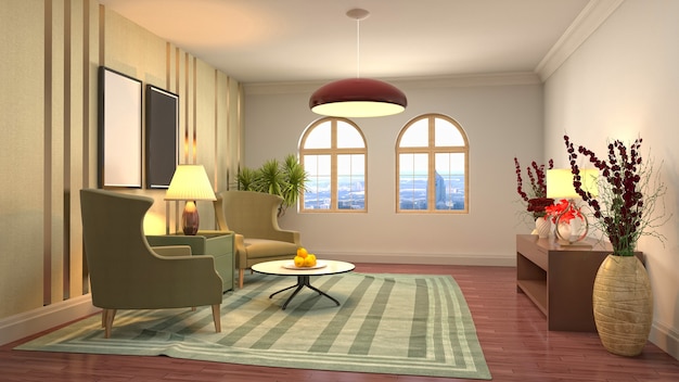 3D-afbeelding van het interieur van de woonkamer