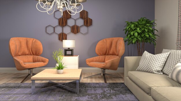 3D-afbeelding van het interieur van de woonkamer