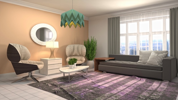 3D-afbeelding van het interieur van de woonkamer