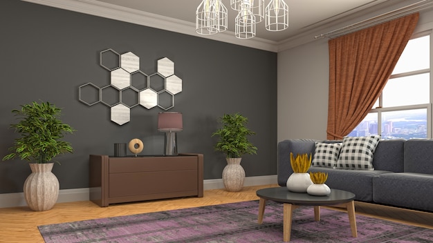 3D-afbeelding van het interieur van de woonkamer