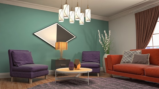 3D-afbeelding van het interieur van de woonkamer