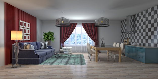 3D-afbeelding van het interieur van de woonkamer