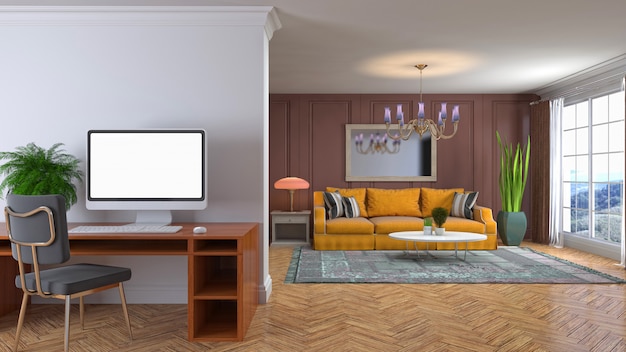 3D-afbeelding van het interieur van de woonkamer