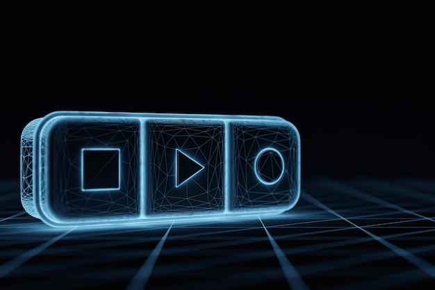 3D-afbeelding van muziek schakelknop start stop en nummer opnemen op zwarte geïsoleerde achtergrond