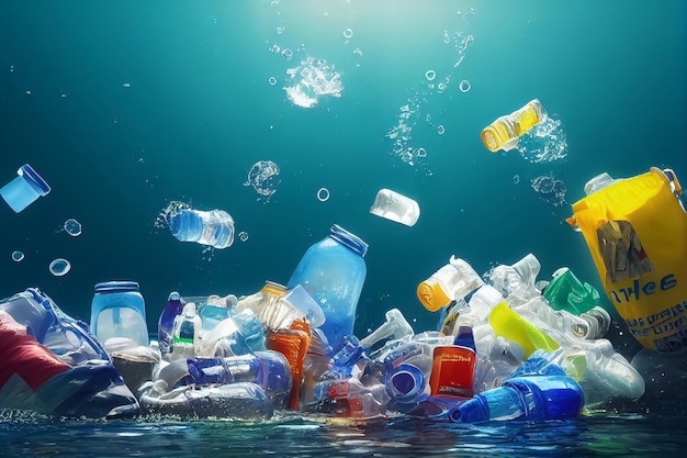 3D-afbeelding van plastic flessen drijven in de oceaan van de koraalwereld, verontreinigd door plastic