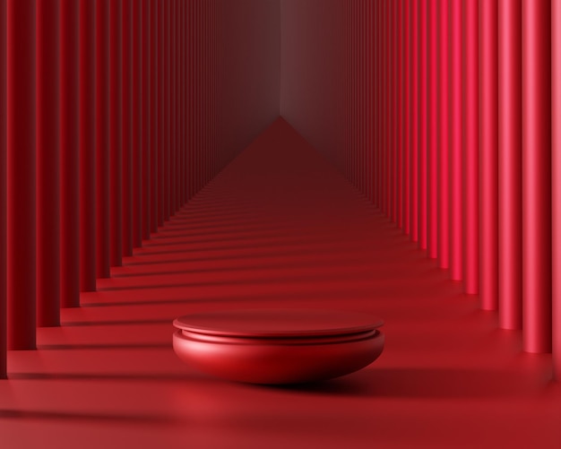 3D afgerond rood podium met abstracte achtergrond