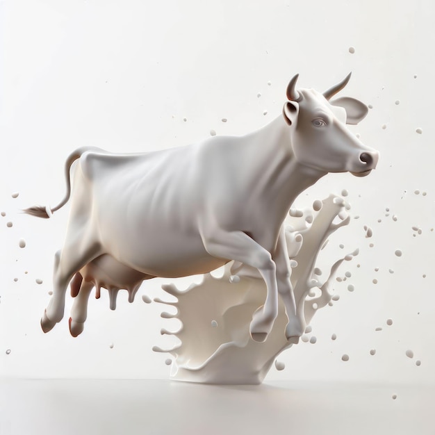 Foto 3d ai render di una mucca felice che salta in white milk splash