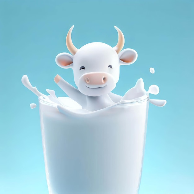 3D Ai Render of A Happy Young Baby Cow Jumping in White Milk Splash