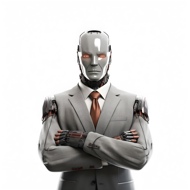 3D AI robot business man in suite Think or compute idea concept isolated on white ai generate