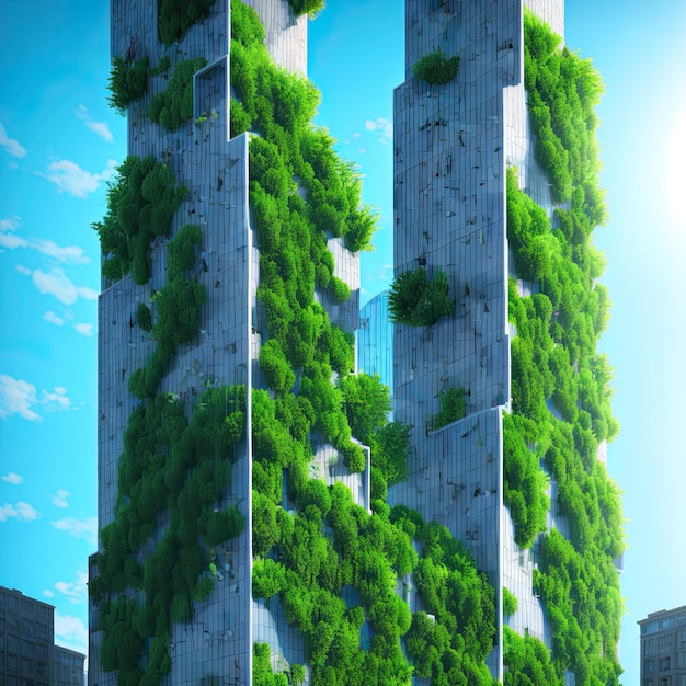 3D AI. Skyscrapers are covered with green bushes and trees. Against the background of the blue sky.