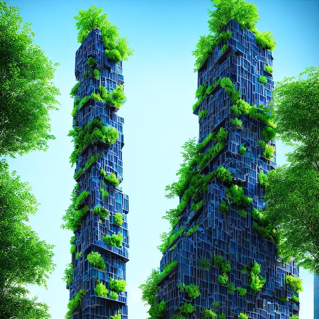 3D AI. Skyscrapers are covered with green bushes and trees. Against the background of the blue sky.