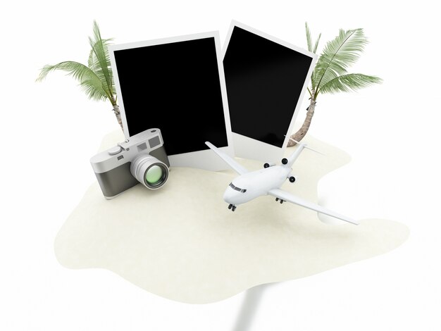 3d Airplane, camera and photos. Travel concept.