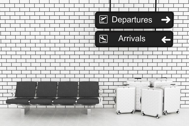 3d Airport Departure and Arrival information Board with travel suitcase.