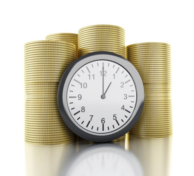 3d alarm clock with coins. Time is money concept.