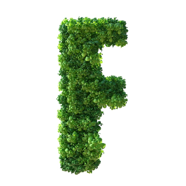 3d alfabet letter F Groene plant bladeren gras mos basilicum munt geïsoleerd op een witte achtergrond met uitknippad 3d illustration