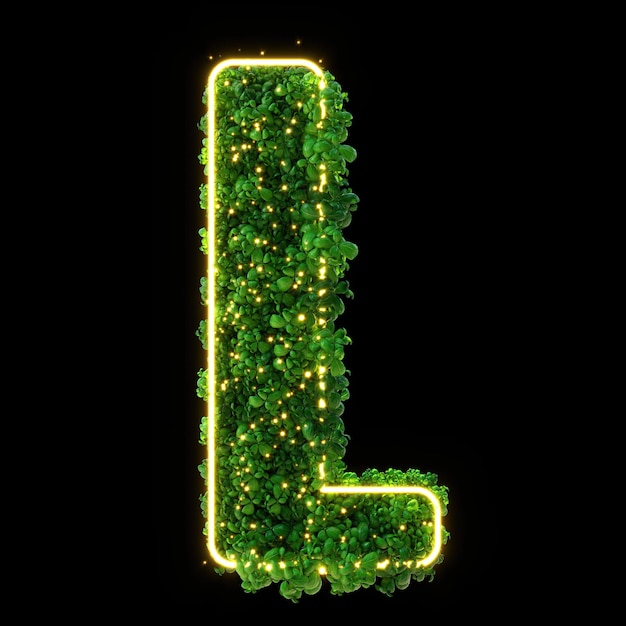 3D alfabet letter L Groene plant gloeiende neon bladeren gras mos basilicum munt geïsoleerd op zwarte achtergrond met uitknippad 3d illustratie