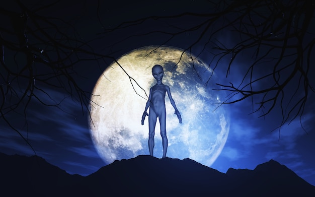 3d alien against moonlit sky