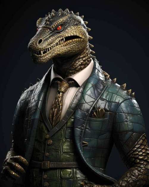 Premium Photo  3d crocodile with a human body looking serious wearing a  suit with a dramatic studio background