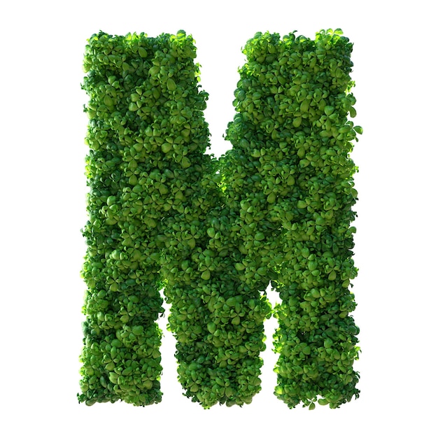 3d alphabet letter M. Green plant, leaves, grass, moss, basil, mint. Clipping path.