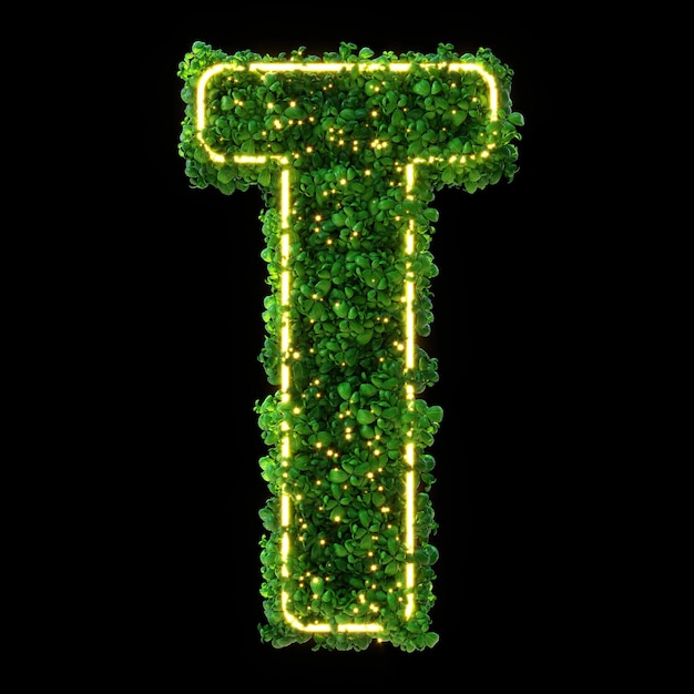 3d 알파벳 문자 T 녹색 식물 빛나는 네온 잎 잔디 이끼 바질 민트 클리핑 패스 3d 일러스트와 함께 검은 배경에 고립