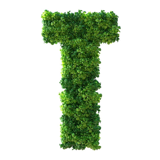 3d alphabet letter T Green plant leaves grass moss basil mint Isolated on a white background with Clipping Path 3d illustration