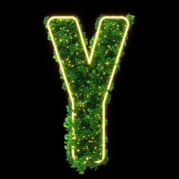 3d alphabet letter Y Green plant glowing neon leaves grass moss basil mint Isolated on black background with Clipping Path 3d illustration