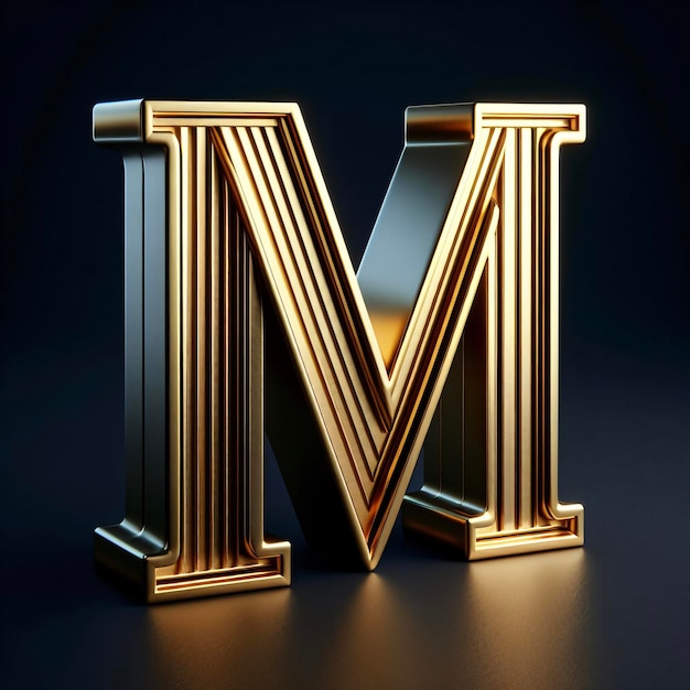 3d 알파 M 금으로 만들어진 어두운 배경에 황금색 글자 M 로고 디자인을 조명합니다.