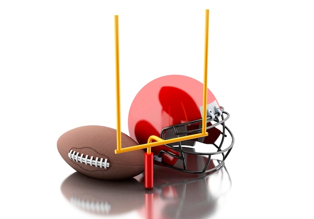 Photo 3d american football helmet, football goal and ball.