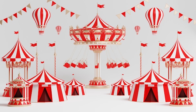 Photo 3d amusement park, circus, carnival fair theme podium with many rides and shops circus tent