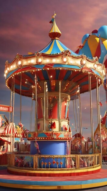 3d amusement park circus carnival fair theme podium with many rides and shops circus tent