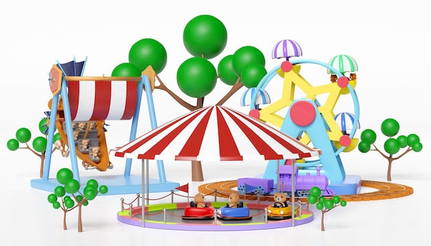 Photo 3d amusement park concept with electric bump car teddy bear viking ship railroad tracks ferris wheel landscape isolated on white background 3d render illustration clipping path