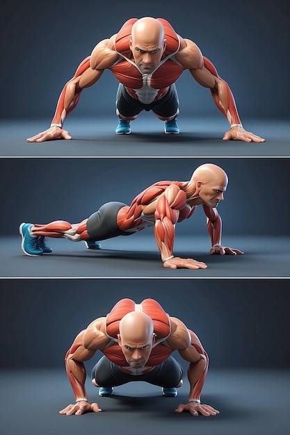 3D-anatomie van een man die pushups doet