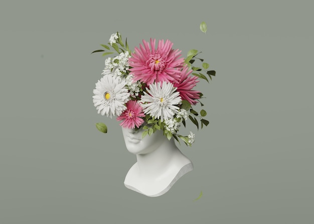 Foto statua 3d antica donna bontà greco romana scultura busto con bouquet di fiori rosa e bianchi