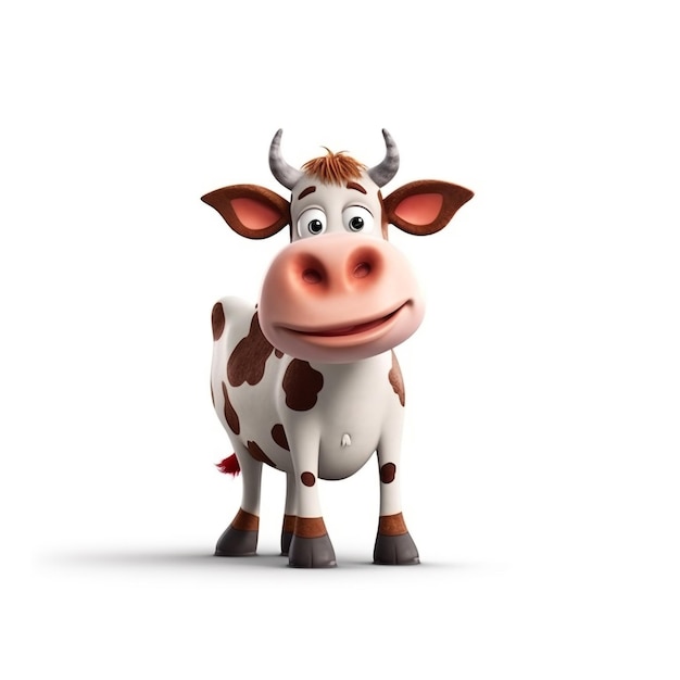 3D 동물, 색 만화 소가 색 배경에 서 있습니다.